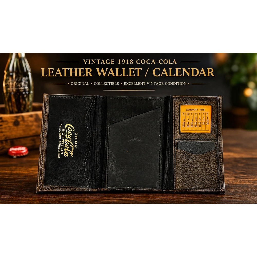 Vintage 1918 Coca-Cola Leather Trifold Wallet Calendar‎ Brown Black Collectible
